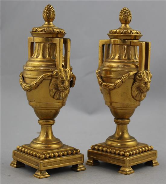 A pair of early 20th century ormolu cassolettes, 6.75in.